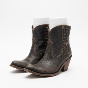 EUC!  Snake Embossed Distressed Brown Ankle Boots Leather Side Zip 9.5